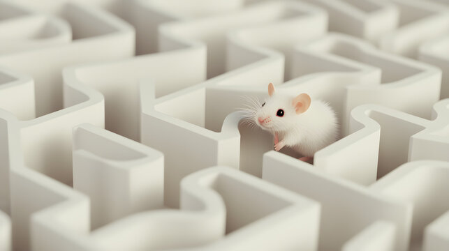 a cute little mouse in the center of a white maze