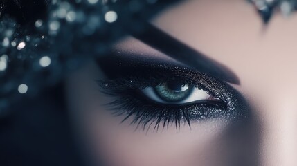 Mystifying Gaze: An alluring close-up of a woman's captivating green eye, enhanced by dramatic dark makeup and glittering jewels. Its intense gaze conveys a sense of mystery, allure.