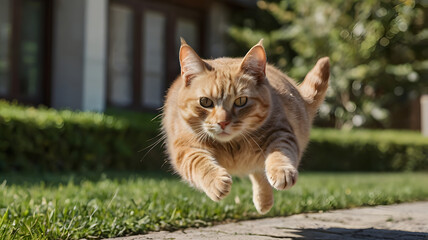 Orange Tabby Cat Leaping: A ginger tabby cat leaps towards the camera with playful abandon, paws outstretched in mid-air, capturing its feline agility and zest for life.