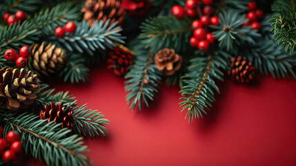 Festive holiday arrangement with pinecones and red berries on red background, evoking warm seasonal atmosphere