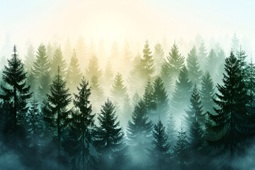 Obraz premium Misty forest landscape with tall evergreens and a soft glowing light in the background