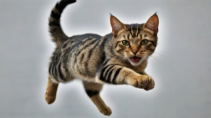 Leaping Tabby Cat: A playful tabby cat leaps through the air, paws outstretched, with a mischievous glint in its eyes, showcasing its agility and feline grace.