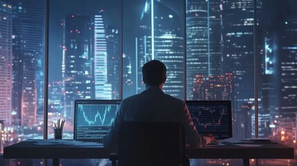 Fototapeta premium Indian serious investment banker financial analyst sitting at desk with papers working with big data, stock exchange trading operations using laptop near panoramic window in modern corporate office.
