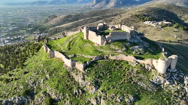Aerial view of Larisa Castle in Argos, Peloponnese, Greece at sunrise