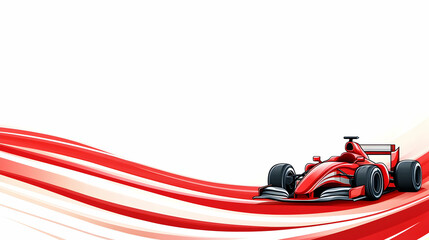 Obraz premium Red Formula 1 race car speeding on track, white background, abstract wave design, perfect for sports banners