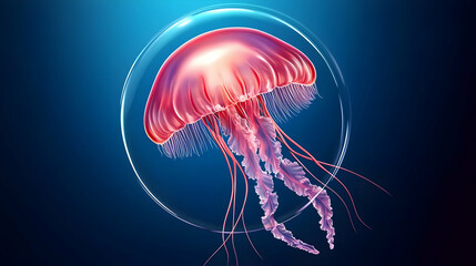 Red jellyfish in a light ring, deep ocean background; marine life, underwater world, science, education