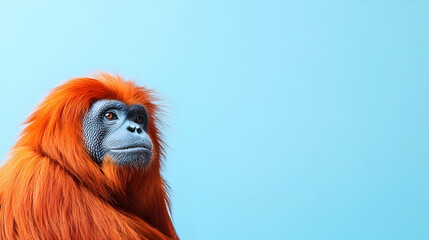Obraz premium Red orangutan portrait, blue background, wildlife conservation