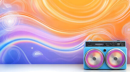 Retro boombox on vibrant wavy background; 70s music nostalgia; website header
