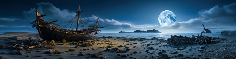 Shipwreck shines under moonlight on a secluded beach revealing nature&rsquo;s serene beauty at night