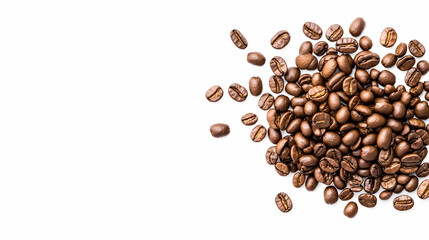 Roasted coffee beans scattered on white background; ideal for cafe menus or packaging