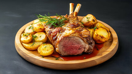 Roasted rack of lamb with roasted potatoes, herbs, and gravy on wooden plate.  Delicious food photography for recipe websites or cookbooks
