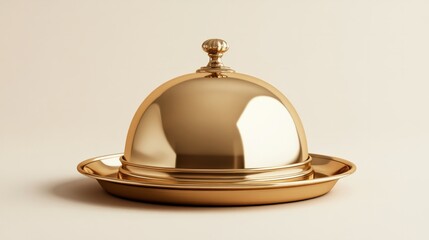 A luxurious gold platter with a rounded cloche, isolated on a soft ivory gradient 