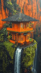 Traditional Wooden House on Lush Green Cliff with Waterfall and Orange Rock Cliffs, Stunning Remote Nature Landscape, Serene and Picturesque Asian Architecture