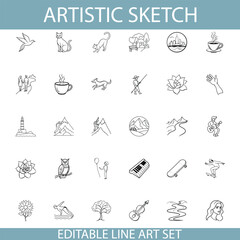 Fototapeta premium Editable Line Art Set Nature, Animals, Music, and More