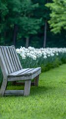 Serene garden bench, white daffodils, green lawn, tranquil forest background; ideal for relaxation, peace, nature themes