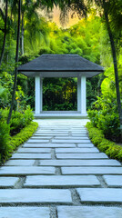 Obraz premium Serene garden path leads to gazebo, lush tropical foliage backdrop. Perfect for relaxation, travel brochures