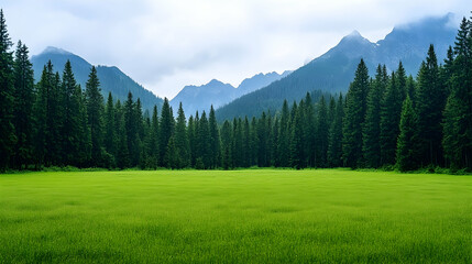 Fototapeta premium Serene mountain meadow, lush green grass, towering evergreen trees, misty peaks; nature, travel, landscape