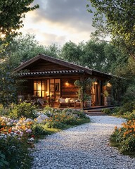 Charming country house surrounded by colorful flowers and a gravel path, perfect for rental listings.
