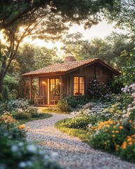 Idyllic country house with warm lights and a flower-filled path, ideal for rental opportunities.
