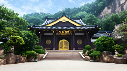 Serene mountain temple entrance, lush greenery backdrop; ideal for travel brochures