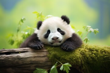 Obraz premium Cute baby panda resting on a mossy branch, enjoying the tranquility of its natural habitat
