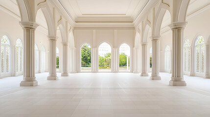 Fototapeta premium Serene white hall with arched windows overlooking a lush garden; ideal for peaceful background or architectural design