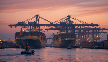 Shipping Port at Sunset Cargo Ships, Cranes, and Global Trade 