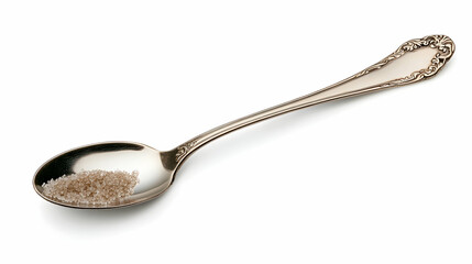 Silver spoon with brown sugar, isolated on white background; for food blogs, recipes, or culinary websites
