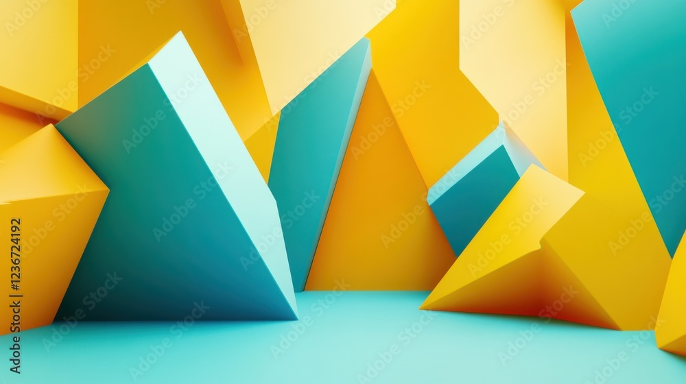 Poster turquoise and yellow tech background with a geometric 3d structure. clean, minimal design with simpl