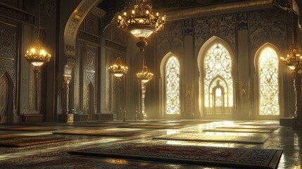 Obraz premium Sunlit Mosque Interior Prayer Hall, Central Asia, Peaceful Atmosphere, Spiritual Setting, Architectural Design