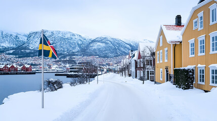 Snowy Nordic town street, waterfront view, mountains background. Ideal for travel brochures