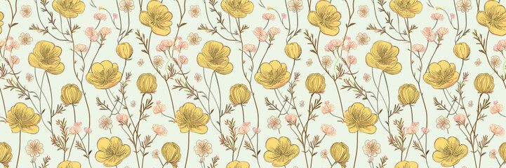 Repeating pattern of soft, yellow, watercolor-style floral elements with delicate stems and foliage on a pale background.
