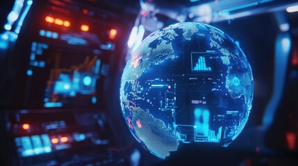A close-up of a digital globe with floating financial indicators, economic trends, and predictive analytics visualized in neon blue