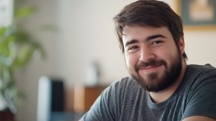 Fototapeta premium a happy male in a casual t-shirt, on a blurred background with a bookcase