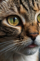 Intriguing Gaze: A close-up of a cat's captivating eyes, revealing their unique amber hue and piercing gaze. The soft whiskers and delicate pink nose add to the allure of this captivating portrait. 