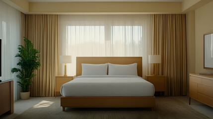 Sunlit bedroom, beige decor, large window, plant, hotel room, interior design