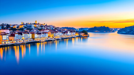 Obraz premium Sunset over Guimaraes, Portugal; river reflection, historic city. Ideal for travel brochures