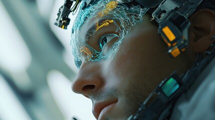 Neuralink surgical implant, brain connected to AI systems, big data processing and machine learning, 3D chip interface with the brain, neurotechnology, sharp focus, 8K render