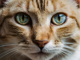 Intriguing Gaze: Close-up portrait of a feline with captivating, expressive eyes, showcasing intricate details of its fur and facial features.  The captivating gaze draws the viewer in. 