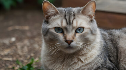 Naklejka premium Silver Tabby Cat Portrait: A striking silver tabby cat with piercing blue eyes stares directly at the camera, displaying a captivating mix of curiosity and aloofness, captured in intimate detail.