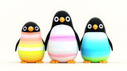 Naklejka premium Three colorful cartoon penguins standing together on white background, ideal for children's books or websites