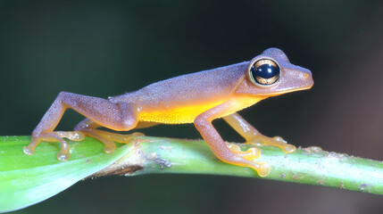Fototapeta premium Tiny yellow frog perched on a leaf, rainforest background, wildlife photography for nature documentaries