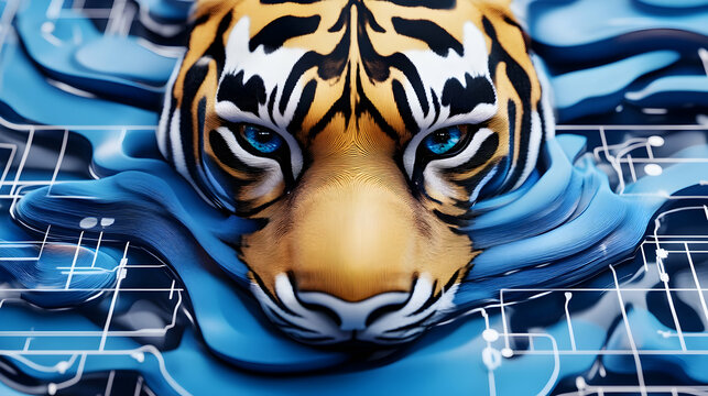 Tiger head emerging from digital blue liquid; abstract background; tech art; website banner