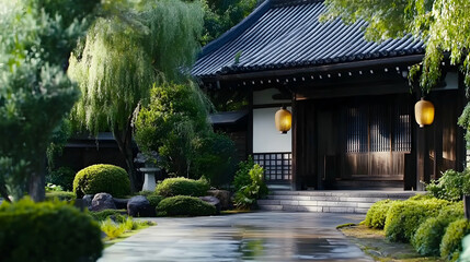 Tranquil Japanese garden temple entrance, sunlight on wet stone path, lush greenery background; perfect for travel brochure