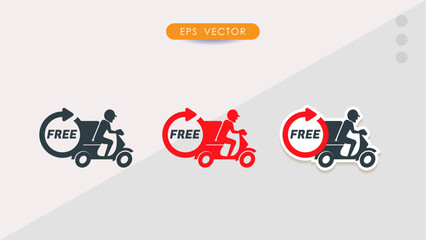 Free fast delivery symbol with motorbike icon and arrow clock, Flat icon design for apps and websites, Isolated on white background, Vector illustration