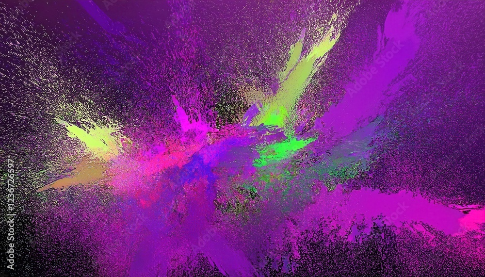 Poster vibrant abstract explosion of multicolored paint splashes with dynamic swirling lines in red, green, yellow, and orange, perfect for modern art prints, creative background