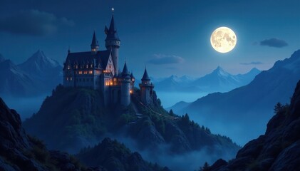 Imposing castle, moonlit night, jagged mountains, mist, silhouette, medieval
