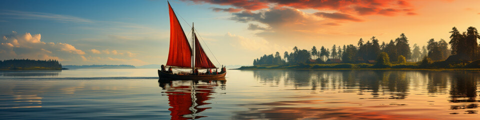 Exploring serene backwaters in India with a traditional wooden boat under a vibrant sunset sky