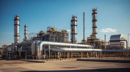 Obraz premium Rusted infrastructure of an oil and gas plant under a clear blue sky in a remote industrial area reflecting years of operation and maintenance challenges