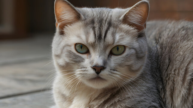 Intriguing Gaze: A captivating close-up portrait of a grey tabby cat with mesmerizing green eyes, capturing its piercing stare and enigmatic personality.  